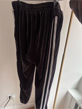 Brown Velour Track Pants with White Side Stripes